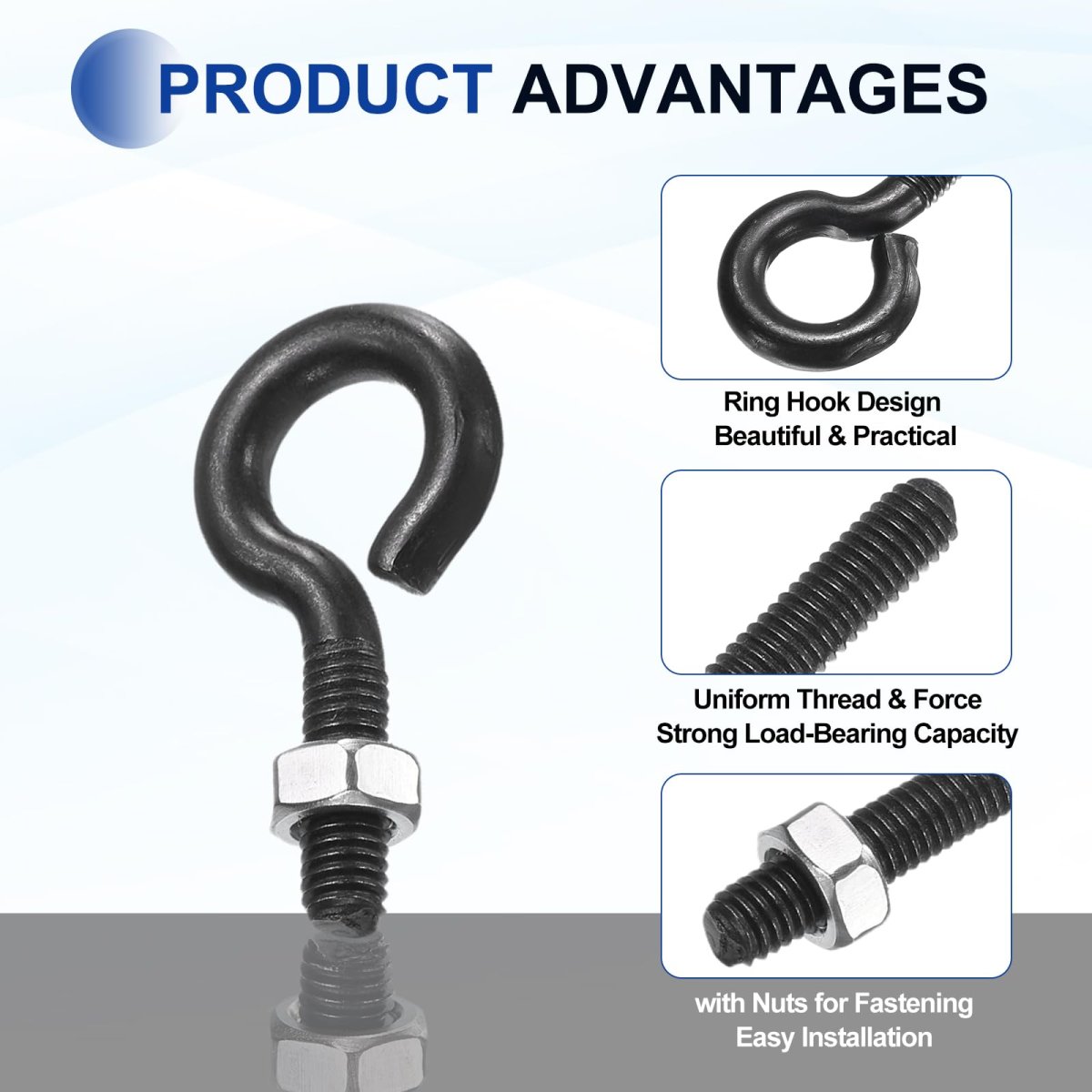 6 Pack Eye Bolts M5 X 20mm 304 Stainless Steel Threadedbolt Black Eye Hooks With Nut For Hanging Or Securing Cables