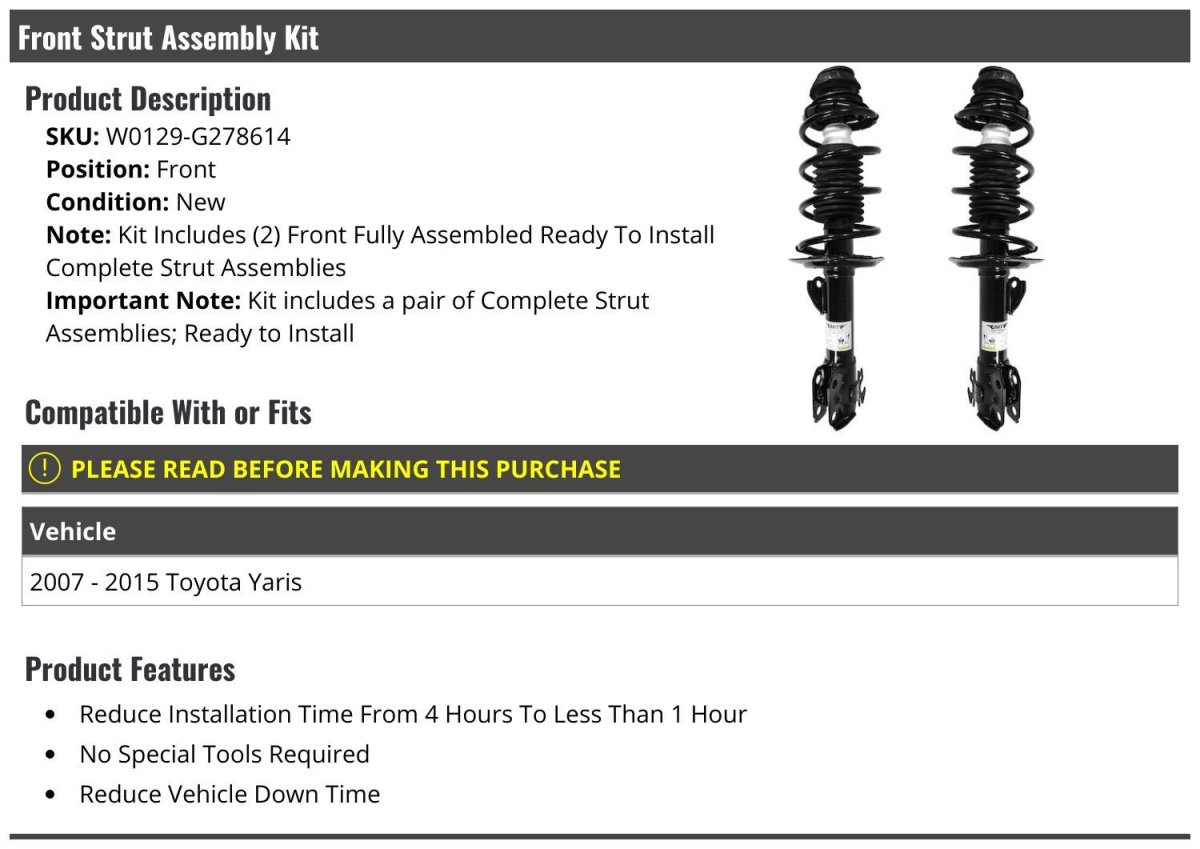Front Strut And Coil Spring Assembly Set Of 2 Compatible With 2007-2015 Toyota Yaris