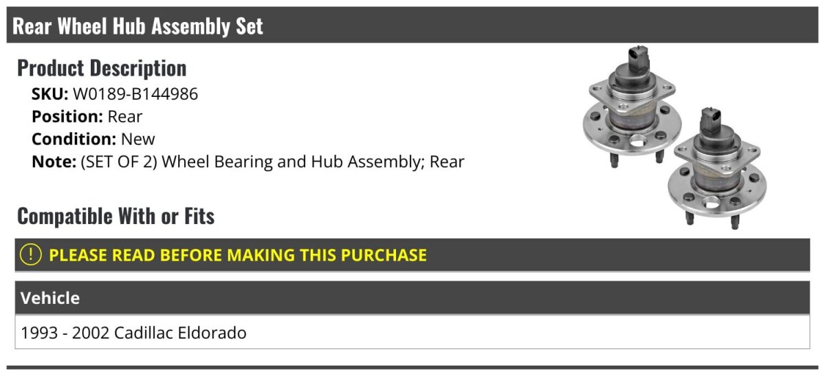 Rear Wheel Bearing Hub Assembly Set Of 2 For 1993 To 2002 Cadillac Eldorado Position