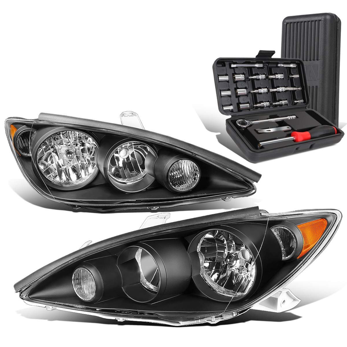 Auto Dynasty Black Housing Amber Corner Headlight Head Lamps Tool Kit For Camry 05-06