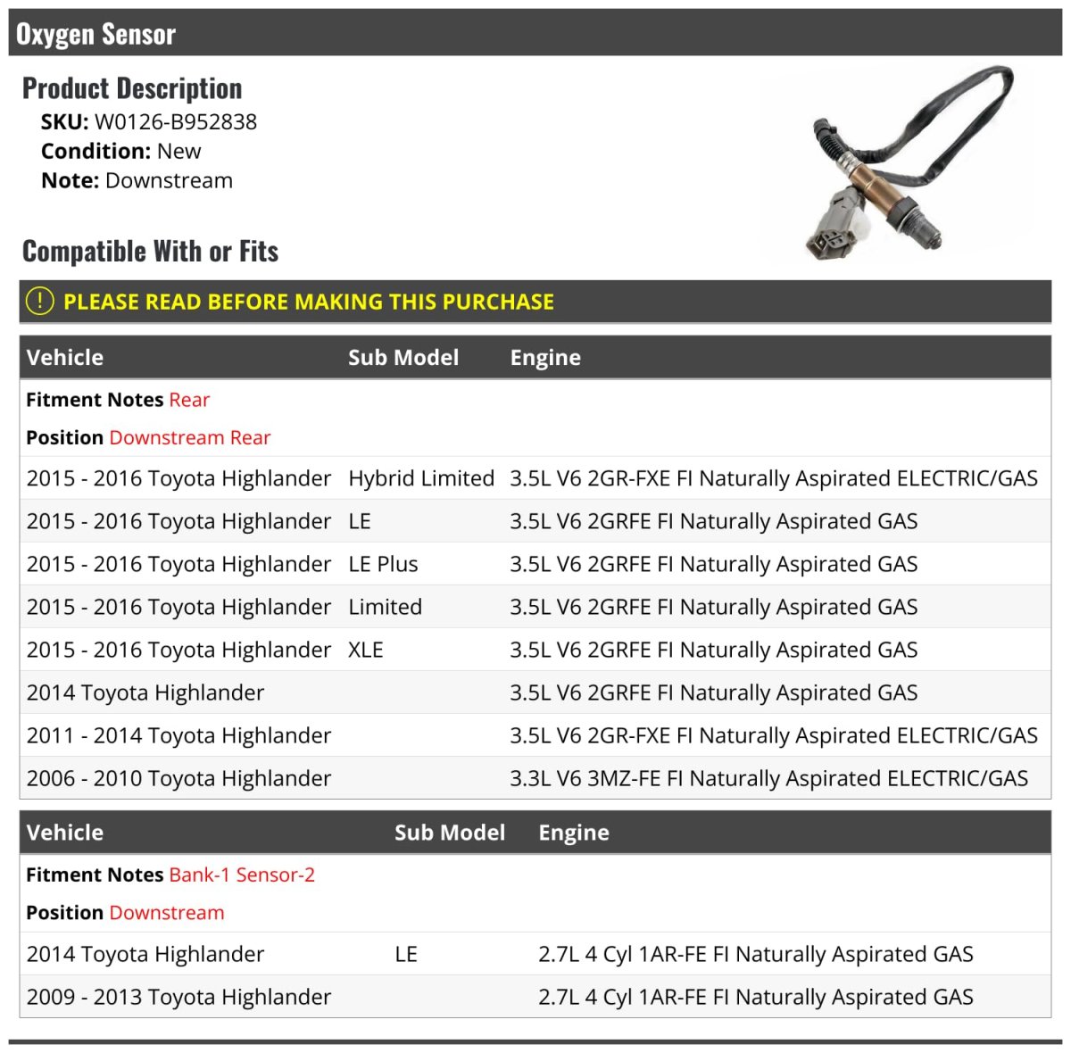 Rear Downstream Oxygen Sensor For 2006 To 2016 Toyota Highlander Bank 1 2 W0126-b952838