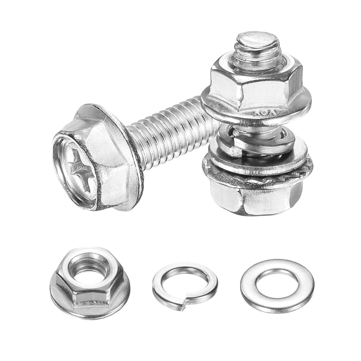 M6 X 16mm Flanged Hex Head Bolts 10pcs 304 Stainless Steel Flange Hexagon Screws With Nuts Flat Lock Washers Fully Threaded For