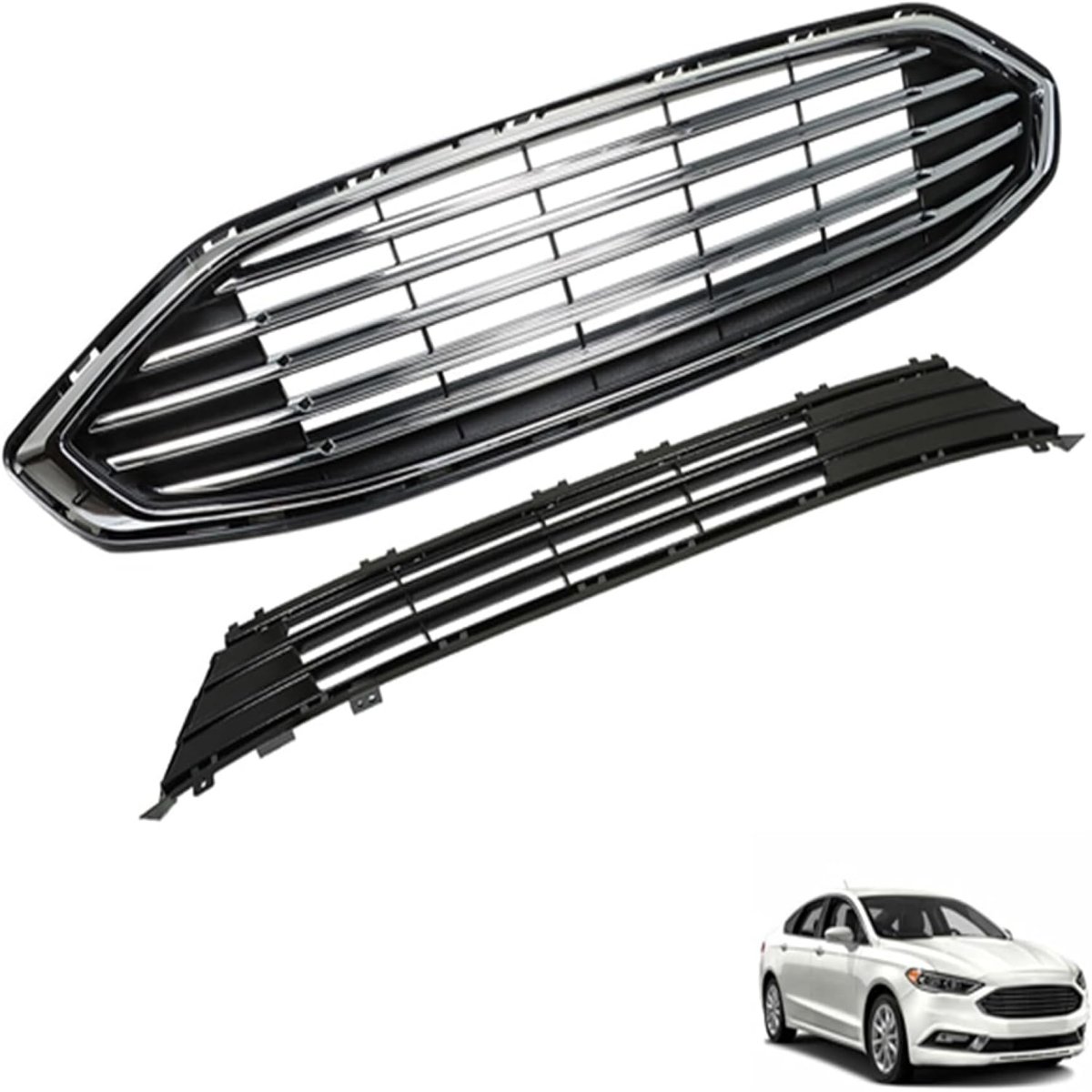 Front Bumper Upper Lower Grille Grill Replacement For 2017 2018 Fusion Black