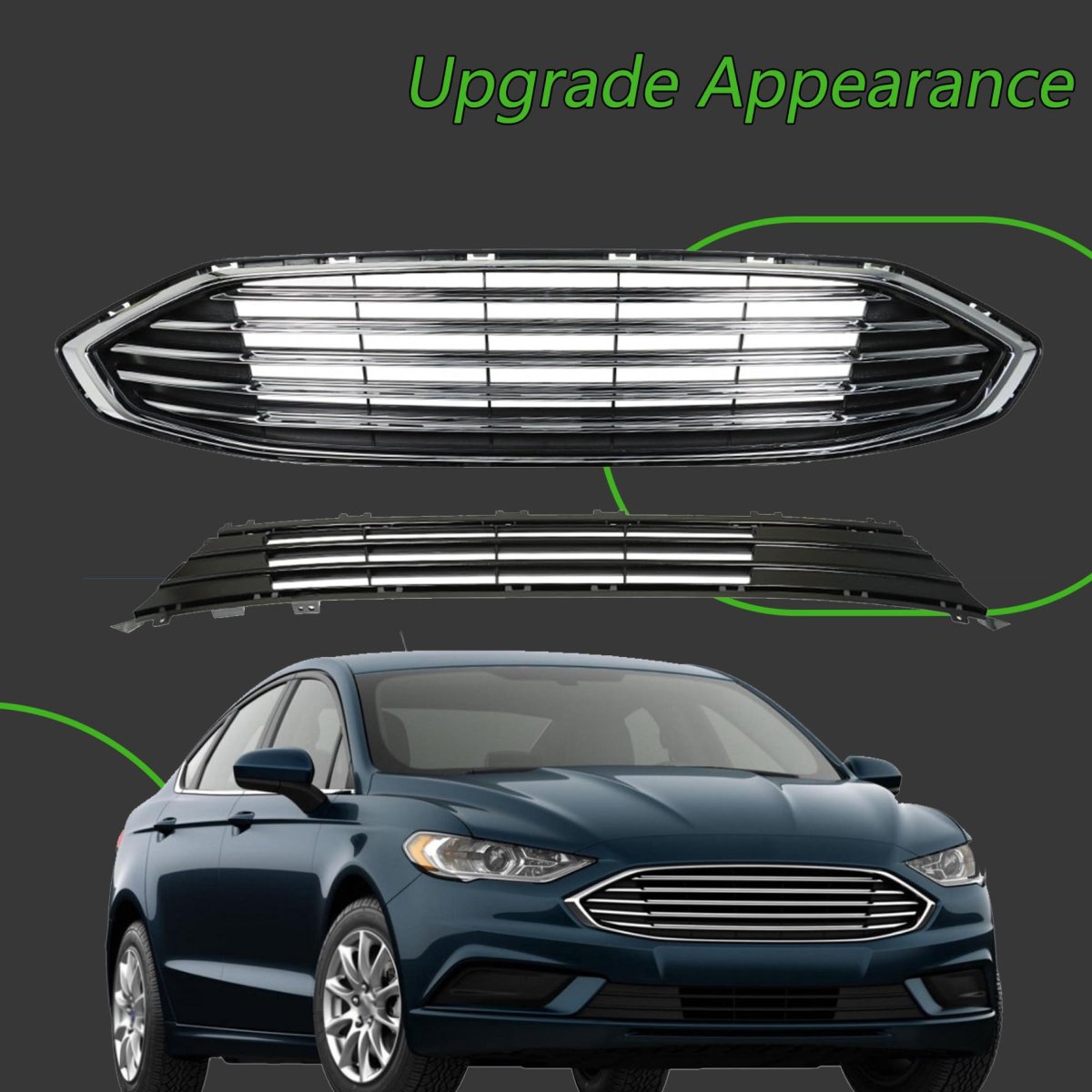 Front Bumper Upper Lower Grille Grill Replacement For 2017 2018 Fusion Black