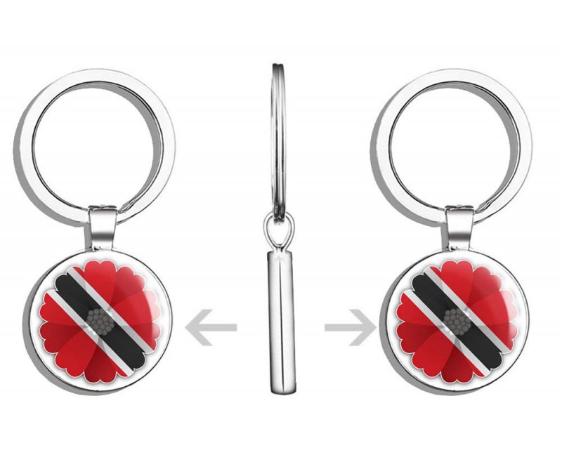 Trinidad And Tobago Flag Flower Round Stainless Steel Metal Key Chain Keychain Ring Double Sided Deisgn