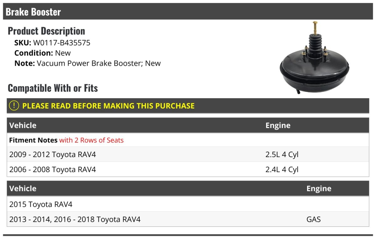 Vacuum Power Brake Booster For 2006-2018 Toyota Rav4 With 2 Row Seating