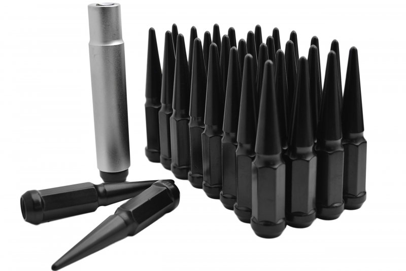 Complete Set Of Black Steel Spiked Soild Spike Lug Nuts 4 5 Tall 1 Key