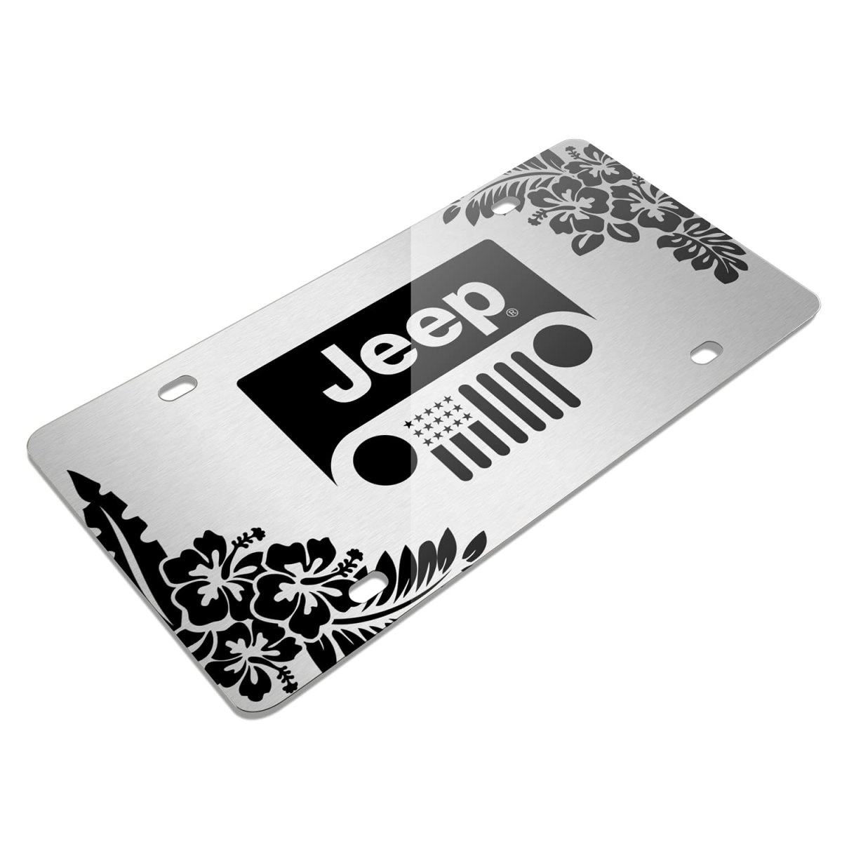 Jeep Grill Logo Hawaii Flower Graphic Brush Silver Aluminum License Plate 12 In X 6 Universal Fit Official Licensed Product
