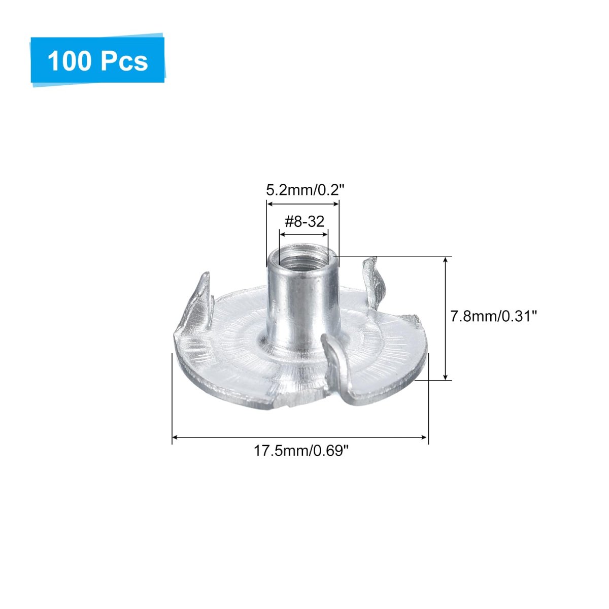 8-32 T-nuts Zinc-plated Carbon Steel 3-pronged Tee Nuts Threaded Inserts For Climbing Holds And Wood Working White 100pcs