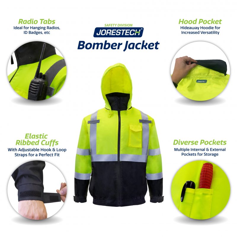 Jorestech Safety Bomber Jacket Waterproof Reflective High Visibility Yellow Lime Ansi Class 3 Level 2 Type R Jk-01 Xs