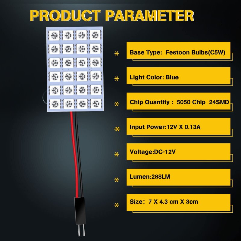 Blue 5050 24smd Led Panel Dome Light Lamp 5 Pack 12v Interior Car Reading With T10 Ba9s And Festoon Adapters Pl0021