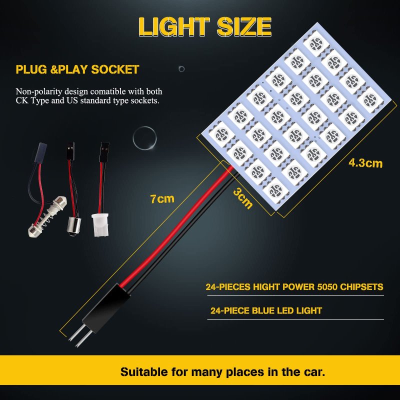 Blue 5050 24smd Led Panel Dome Light Lamp 5 Pack 12v Interior Car Reading With T10 Ba9s And Festoon Adapters Pl0021