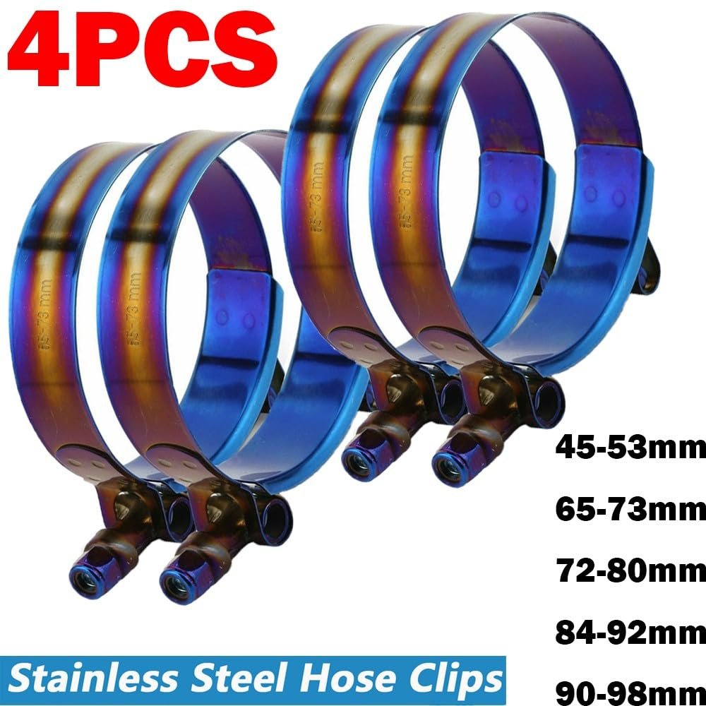 4pcs Adjustable Titanium Blue Stainless Steel T-bolt Clamp Universal 84mm-92mm