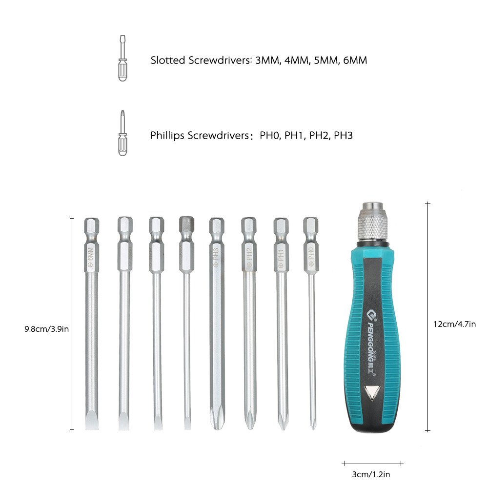 9 Piece Precision Magnetic Multi Bit Screwdriver Set With 1 4 In Hex Shank Phillips And Slotted Heads Rubber Handle Home