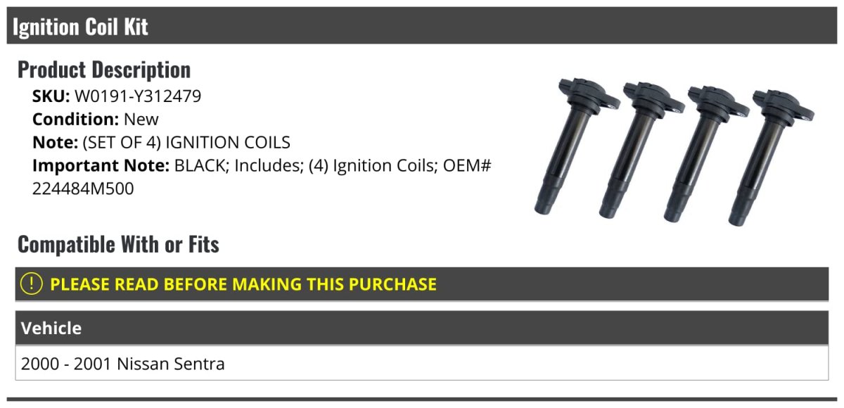 Ignition Coil Kit 4 Piece For 2000-2001 Nissan Sentra