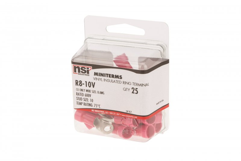Nsi Vinyl Insulated Ring Terminal 8 Wire Size 10 Stud 0 472 Width 1 244 Length