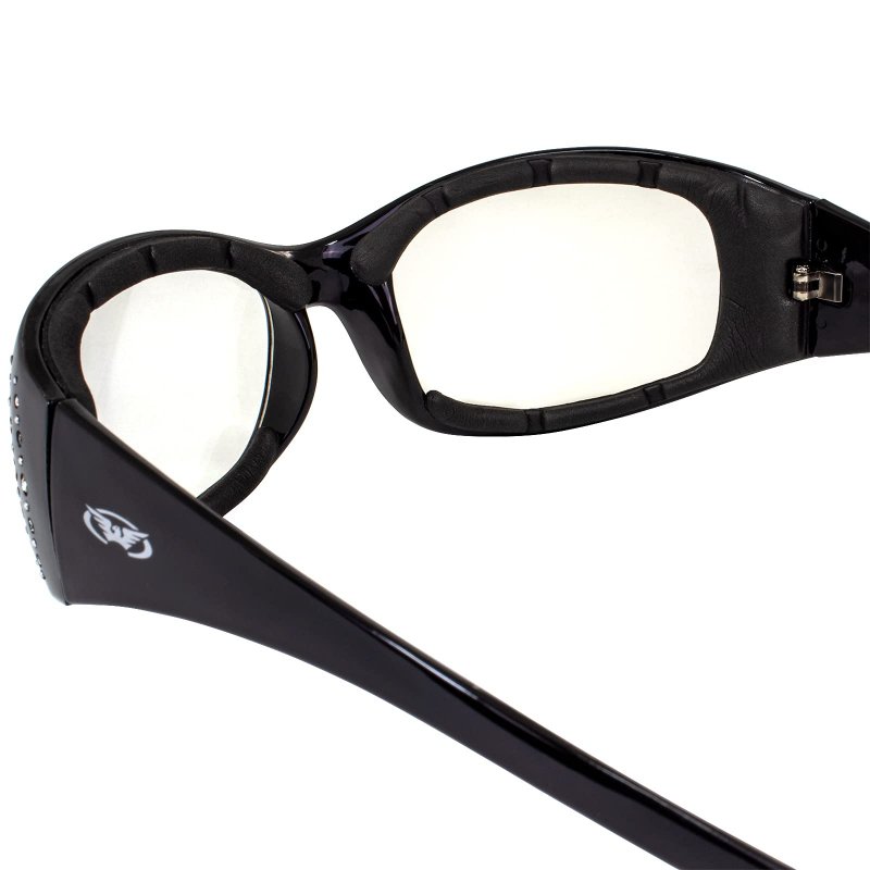 Global Vision Marilyn-2 Night Motorcycle Riding Glasses For Women Padded Bling Black Frames Driving Mirror Clear Lenses