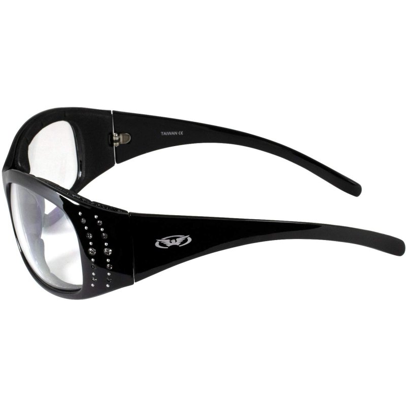 Global Vision Marilyn-2 Night Motorcycle Riding Glasses For Women Padded Bling Black Frames Driving Mirror Clear Lenses
