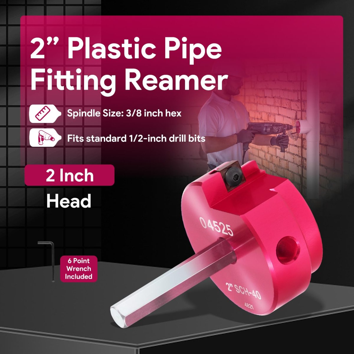 2 In Head Plastic Pipe Fitting Reamer With 3 8 Hex Shaft Pvc Saver For Sch40 Abs Cpvc Water Drain And Vent Lines Fits Standard