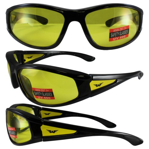 Integrity 2 Ansi Z87 1 Certified Motorcycle Safety Glasses Yellow Polycarbonate Lenses With Black Frames And Uv400 Protection