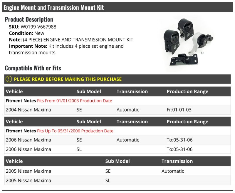 Engine Mount And Transmission Kit 4 Piece For 2004-2006 Nissan Maxima From 01 2003 Up To 05 31 2006