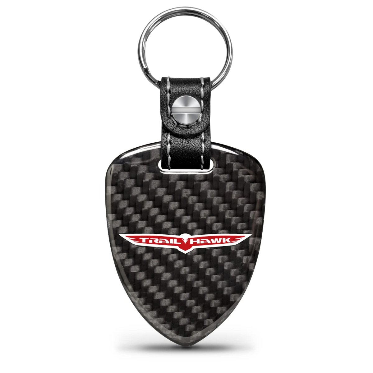 Jeep Trailhawk Real Black Carbon Fiber Large Shield Style Key Chain Official Licensed With Genuine Leather Strap 2 25 In X 1 75