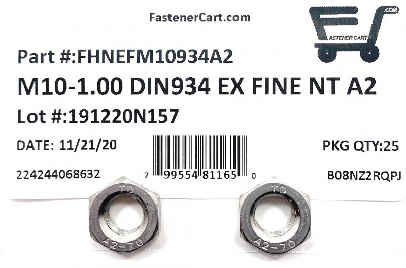 M10-1 00 Stainless Steel Din934 Extra Fine Thread Metric Finished Hex Nut M10x1 Qty 25