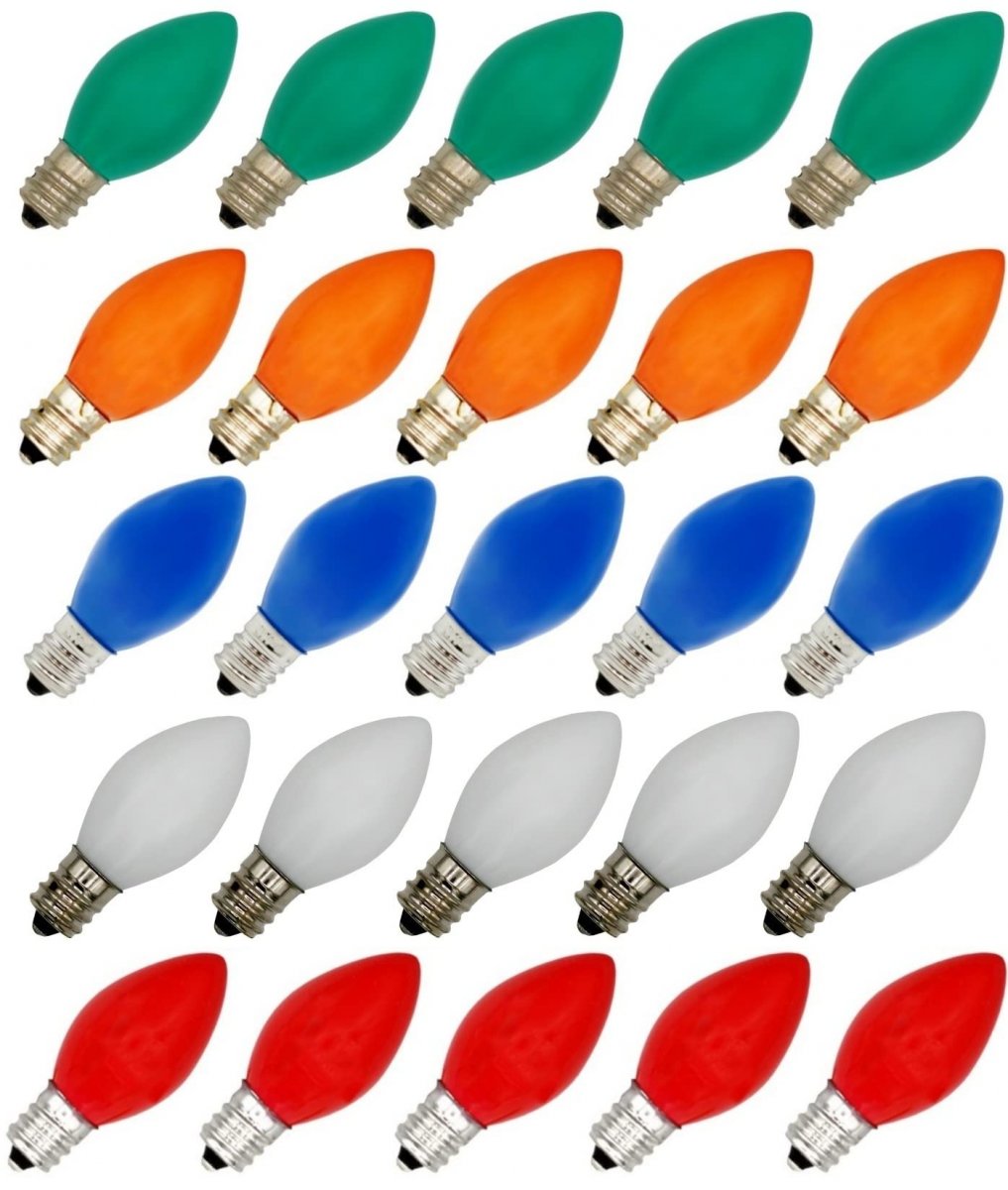 25-pack C7 Multicolor 7-watt Christmas Light Bulbs Ceramic Base Extended Life