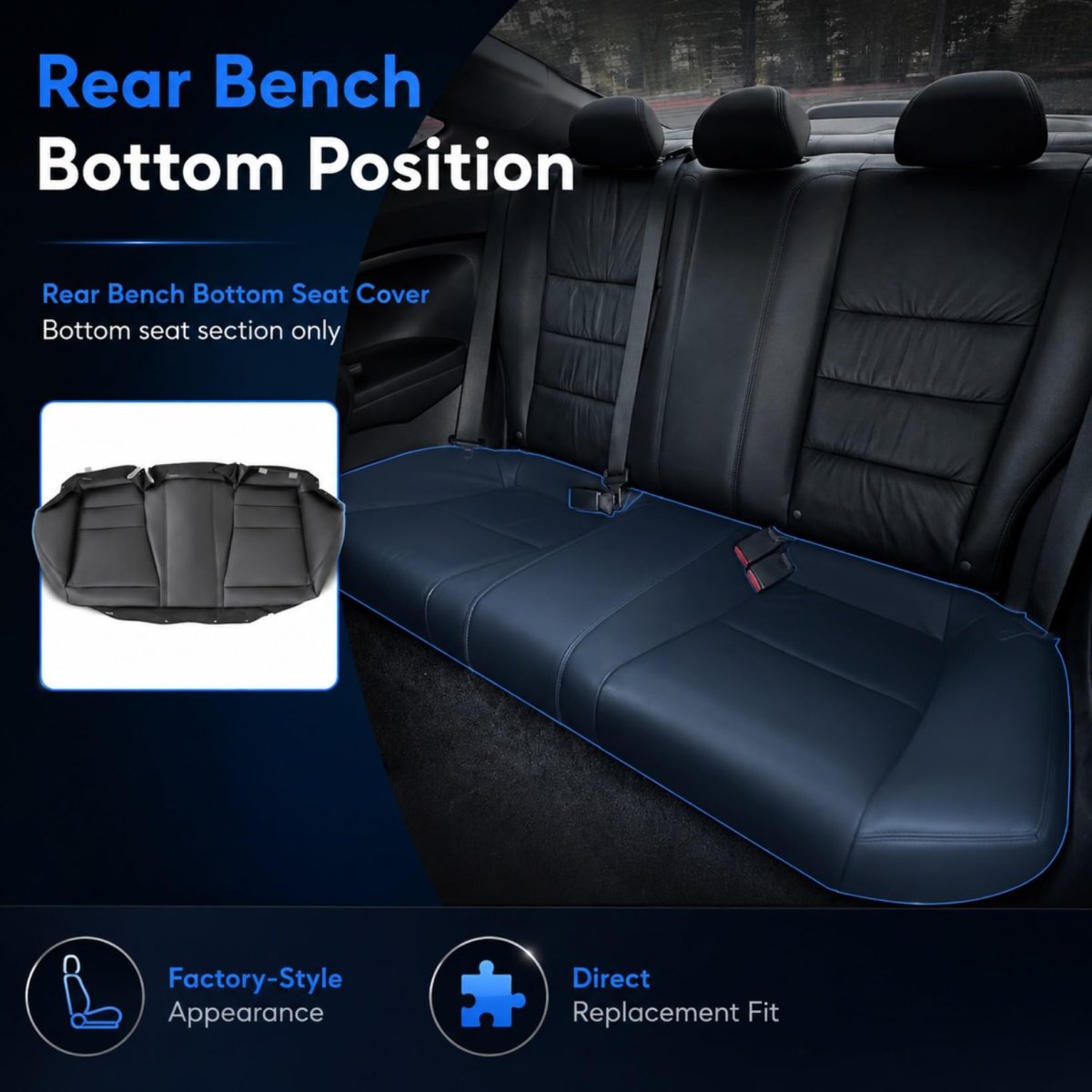 Black Rear Bench Bottom Replacement Seat Cover For Honda Accord 2008 2009 2010 2011 2012 Microfiber Leather Custom Fit Sedan