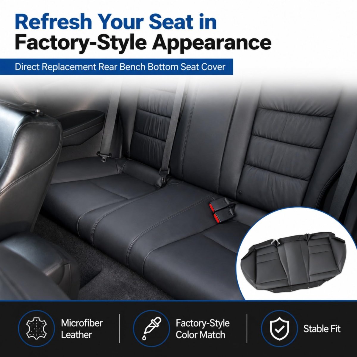 Black Rear Bench Bottom Replacement Seat Cover For Honda Accord 2008 2009 2010 2011 2012 Microfiber Leather Custom Fit Sedan