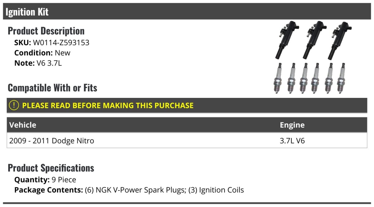 Ignition Coil And Spark Plug Kit 9 Piece For 2009 2011 Dodge Nitro 3 7l V6 Includes 6 Power Plugs Coils