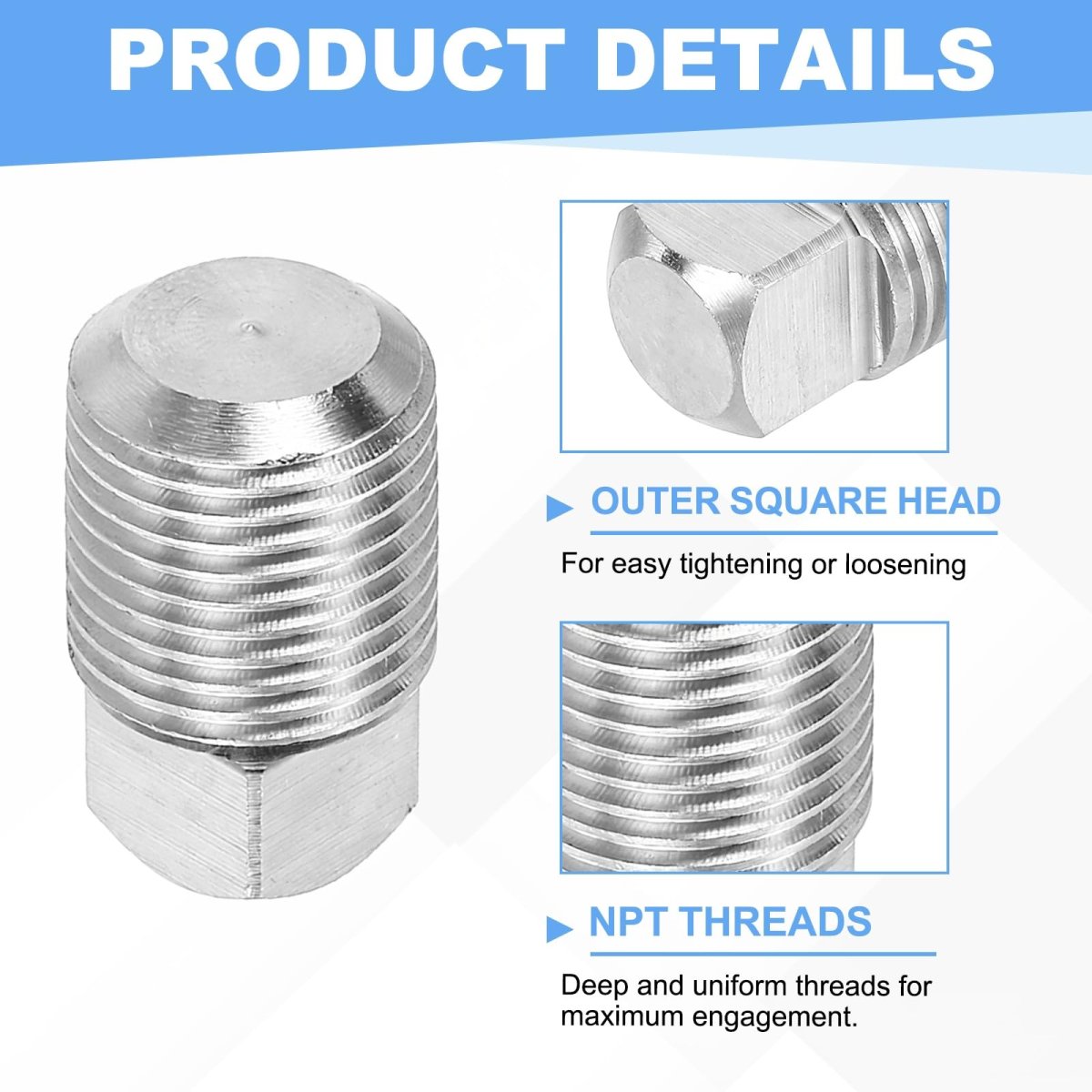 1 8 In Npt Male Pipe Plug 316 Stainless Steel Outer Square Head Solid Thread Bung For Hydraulic And Pneumatic Systems Silver