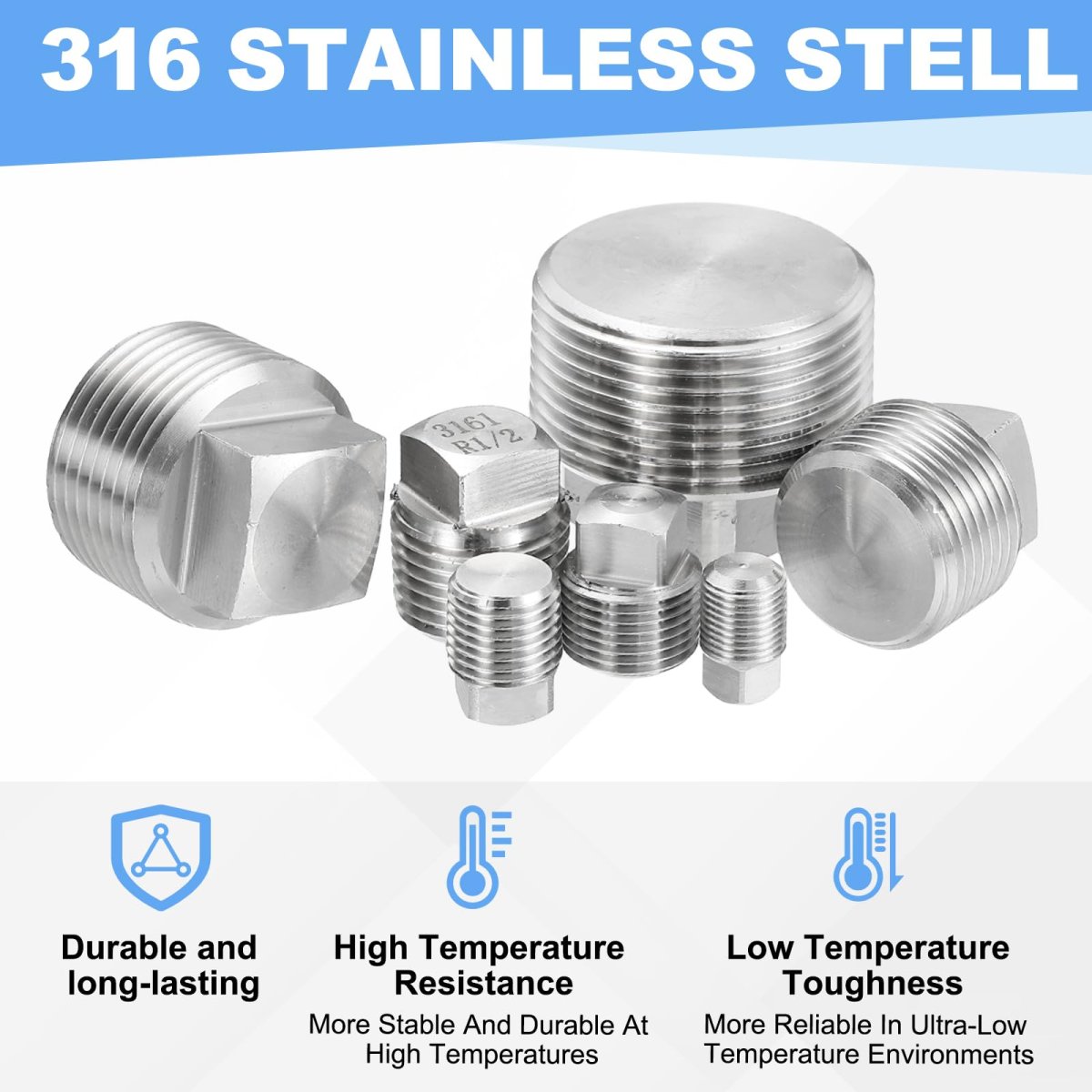 1 8 In Npt Male Pipe Plug 316 Stainless Steel Outer Square Head Solid Thread Bung For Hydraulic And Pneumatic Systems Silver