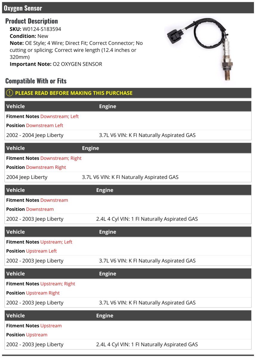O2 Oxygen Sensor 4 Wire 12 In For 2002 2004 Jeep Liberty W0124-s183594 Upstream And Downstream Left Right Fitment