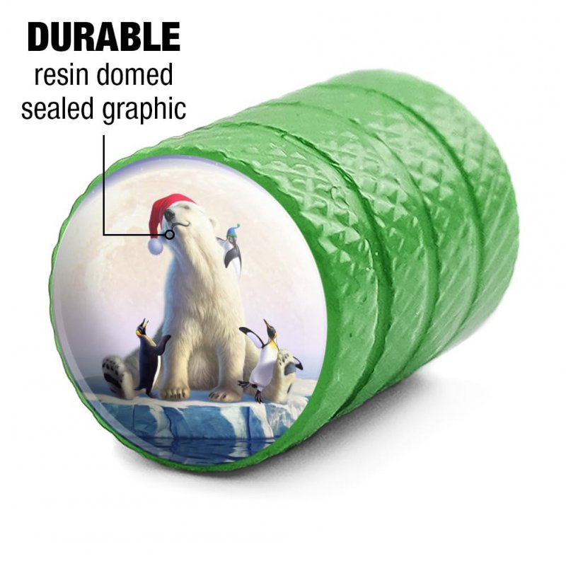 Christmas Polar Bear Valve Stem Caps For Tire Rim Wheel Green Aluminum Air Covers Schrader Type Valves 4 Pieces
