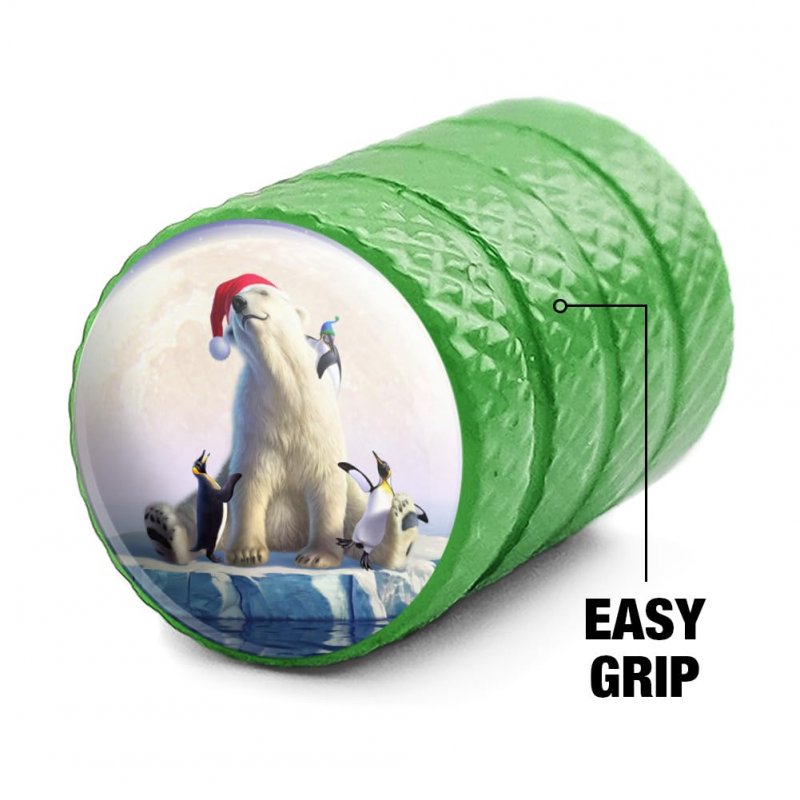 Christmas Polar Bear Valve Stem Caps For Tire Rim Wheel Green Aluminum Air Covers Schrader Type Valves 4 Pieces