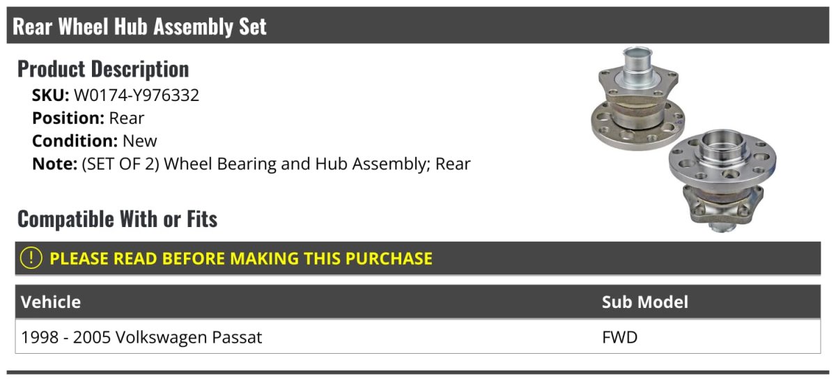 Rear Wheel Bearing Hub Assembly Set Of 2 For 1998-2005 Volkswagen Passat Fwd