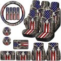 Tallew 19 Pieces American Flag Car Accessories Set Wood Deer Skull Camo Seat Covers Full Steering Wheel Cover Floor Mats 