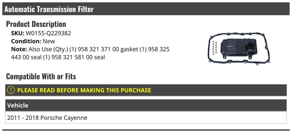 Automatic Transmission Filter For 2011 To 2018 Porsche Cayenne Part Number W0155-q229382