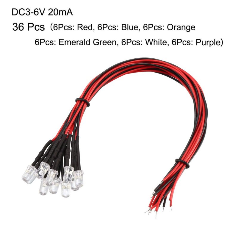 36pcs Mixed Colour 5mm Leds Prewired Light Dc3-6v 20cm Pre Wired Led