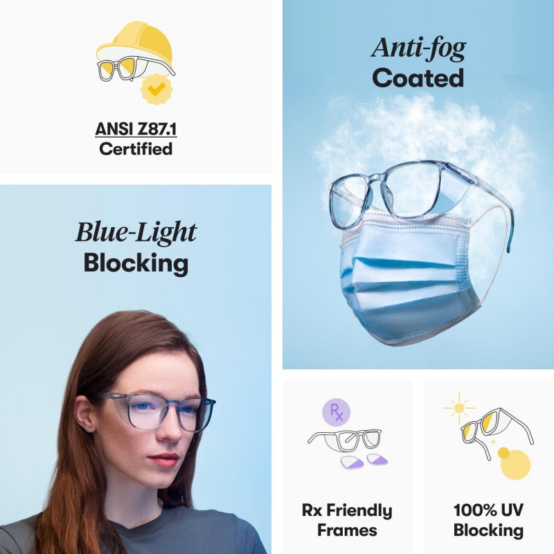 Stoggles Official Rectangle- Z87 1 Certified Safety Glasses Anti-fog Blue Light Blocking Medium Moss
