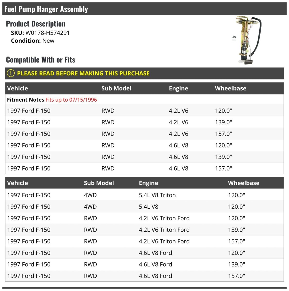 Fuel Pump Hanger Assembly For 1997 Ford F-150 Fits Up To 07 15 1996