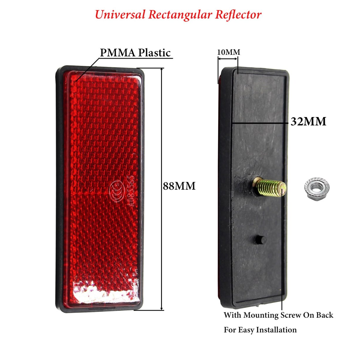 2 Pcs Universal Red Warning Rectangle Reflectors For Car Motorcycle Atv Dirt Bike Includes Nuts And Spanner Abs Plastic Safety