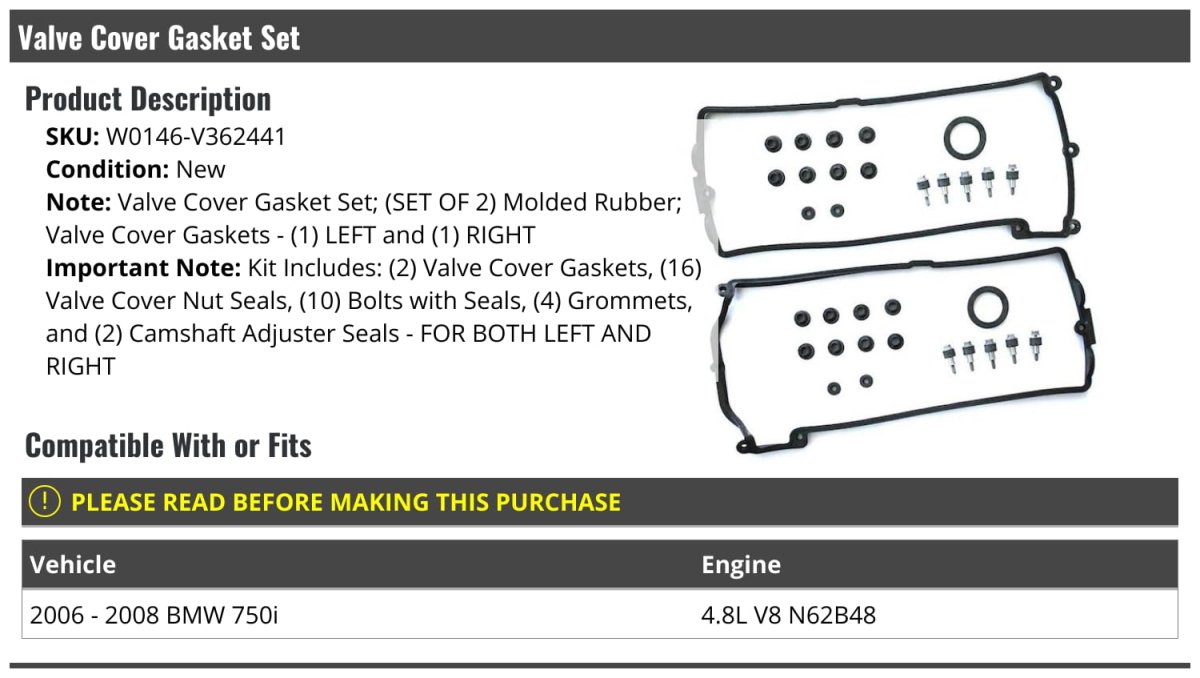 Valve Cover Gasket Set With Nut Seals Bolts Grommets And Camshaft Adjuster For 2006-2008 Bmw 750i 4 8l V8 N62b48