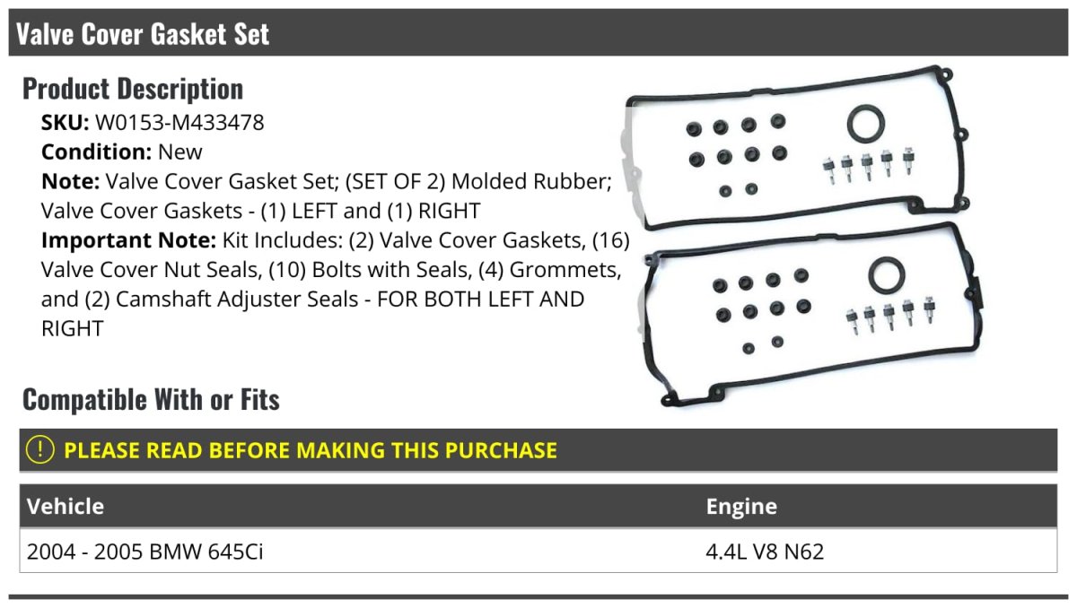 Valve Cover Gasket Set Of 2 With Gaskets Nut Seals Bolts Grommets And Cam Adjuster For 2004-2005 Bmw 645ci 4 4l V8 N62