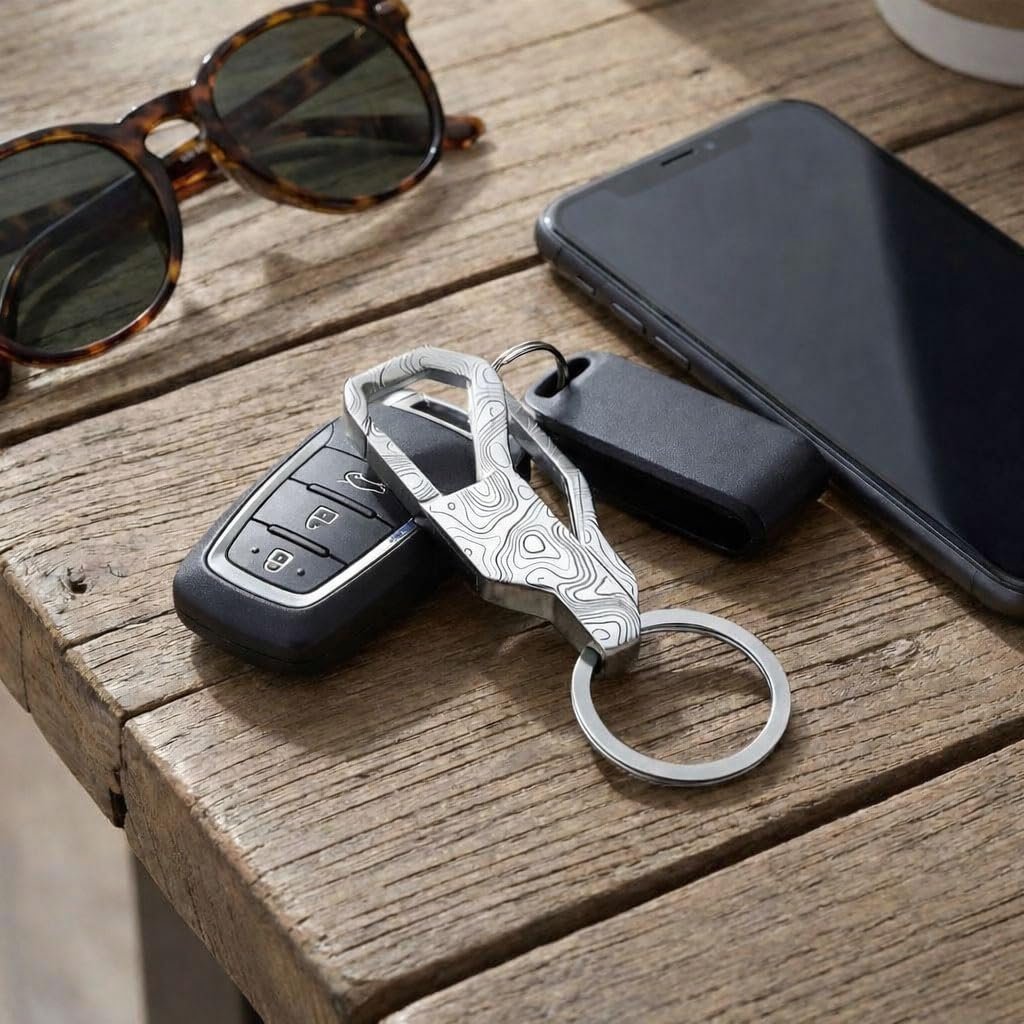 Ipick Image Car Keychain Laser Etched Topographic Silver Carabiner Style Snap Hook Metal Key Chain For Men Women