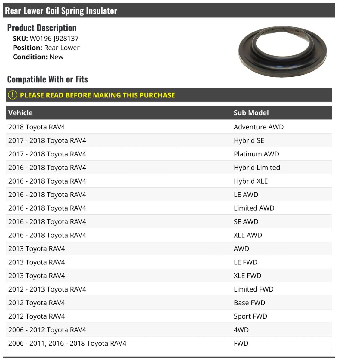 Rear Lower Coil Spring Insulator For 2006-2013 2016-2018 Toyota Rav4
