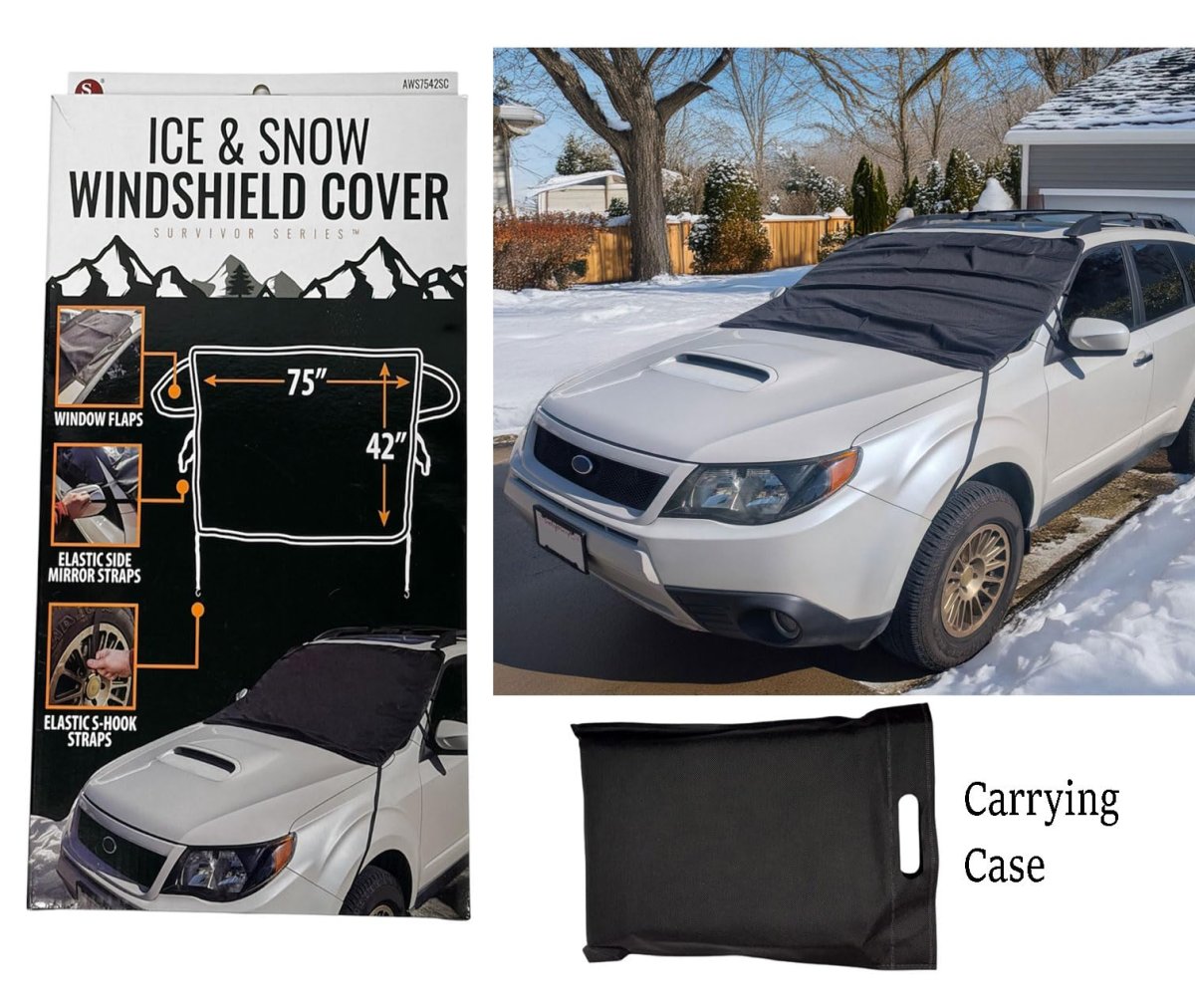 Auto Windshield Snow Cover 75 In X 42 Waterproof Winter Protector With Elastic Mirror Covers S Hook Wind Straps And Carrying