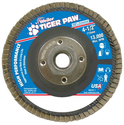 Weiler 51114 Tiger Paw High Performance Abrasive Flap Disc Type 27 Flat Style Phenolic Backing Zirconia Alumina 4-1 2 Diameter