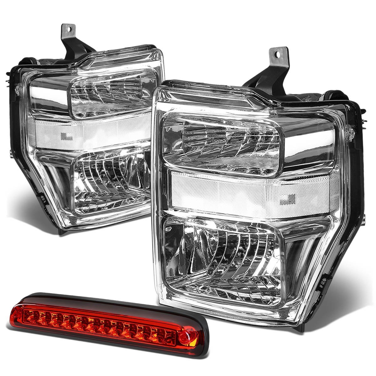 Auto Dynasty For Ford Super Duty 2nd Gen Pair Of Chrome Clear Corner Headlight Red Led 3rd Brake Light With O Cargo